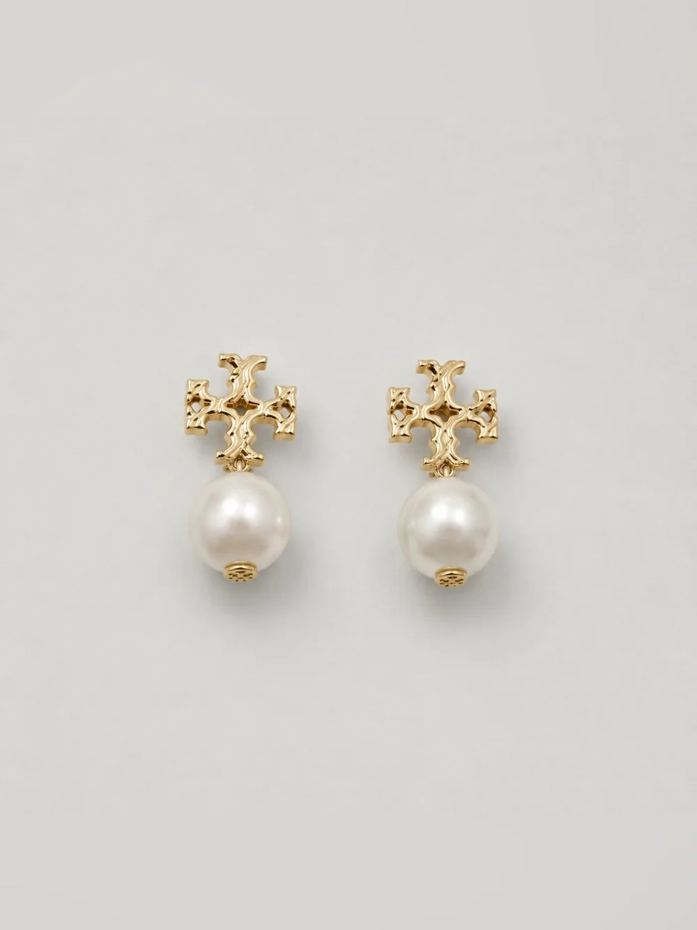 Tory Burch Gold and Pearl Logo Stud Earrings